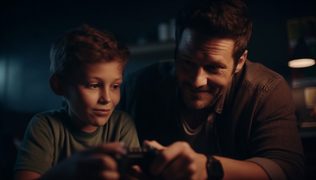 Un parent et son enfant jouent ensemble à un jeu vidéo